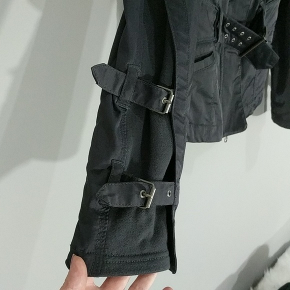 MILLARD FILLMORE Tailored Moto Jacket Quilted Lining Buckle Straps Dark Blue - Picture 6 of 6